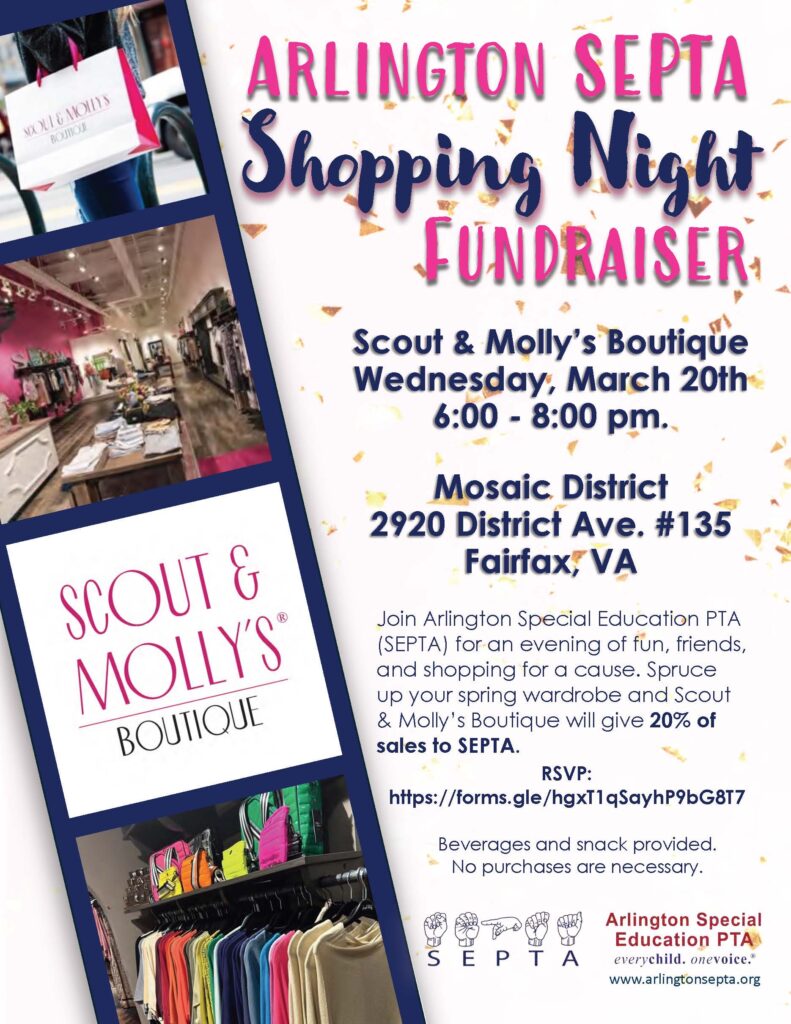 Flyer for SEPTA's Shopping Night Fundraiser at Scout & Molly's Boutique