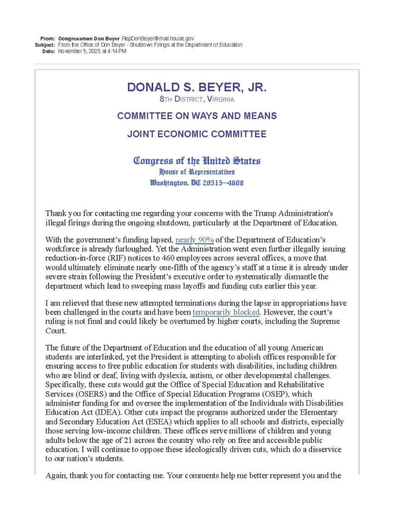 Thumbnail of response email from Representative Don Beyer that links to a pdf of the full text.