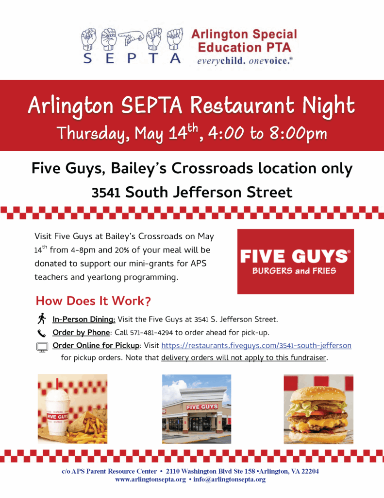 Flyer for Arlington SEPTA May 14, 2026 Five Guys fundraiser.